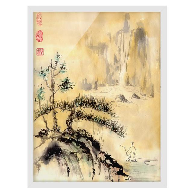 Japanese Watercolour Cherry Tree and Mountains - Picture Frame Painting Marlow Home Co. Size: 100cm H x 70cm W x 2cm D, Frame Option: White Framed on Productcaster.