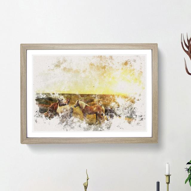 Sunset over the Horses Watercolour - Picture Frame Graphic Art Print East Urban Home Size: 40cm H x 60cm W x 2cm D, Frame Option: Oak Framed on Productcaster.