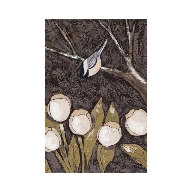 Chickadee and Tulips II by Jade Reynolds - Wrapped Canvas Painting ClassicLiving Size: 66cm H x 45.7cm W x 1.9cm D on Productcaster.