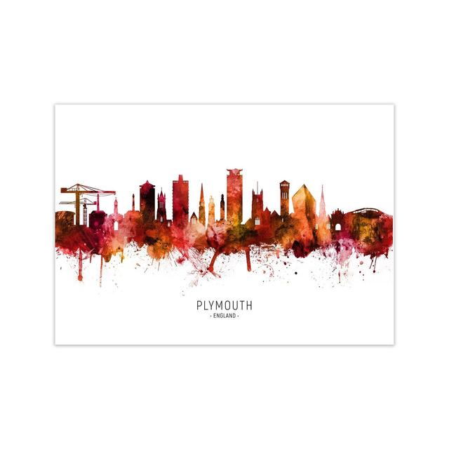 Plymouth England Skyline Red City Name by Michael Tompsett - Graphic Art Ebern Designs Size: 60cm H x 84cm W x 1cm D, Format: Unframed on Productcaster.