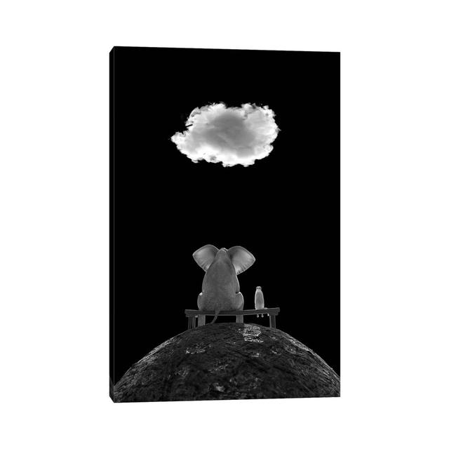 Elephant And Dog Sit On The Mountain And Look At The Cloud, B/W Maturi Size: 101.6cm H x 66.04cm W x 3.81cm D on Productcaster.