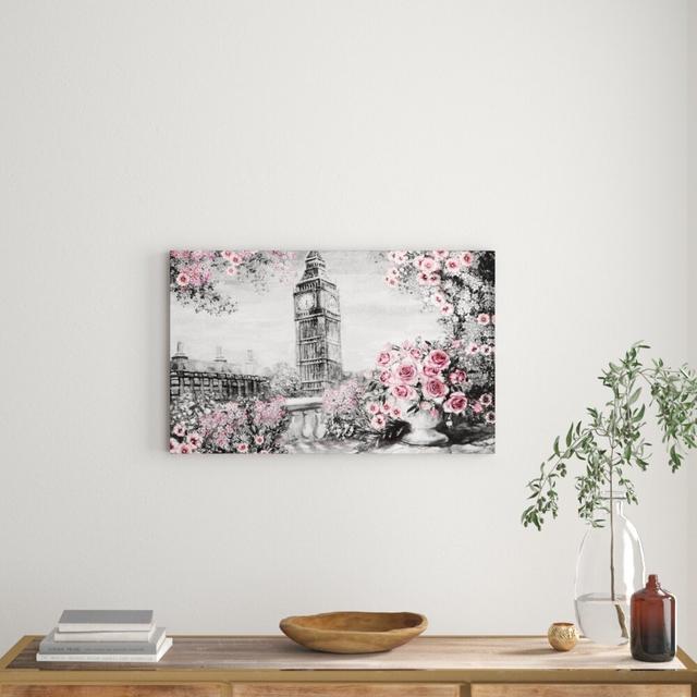 Big Ben Pink Roses London - Drawing Print on Canvas East Urban Home Size: 81.28 cm H x 121.92 cm W on Productcaster.