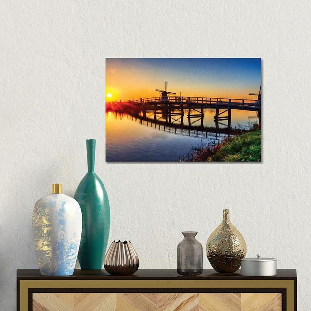 Netherlands, Kinderdijk. Windmill And Bridge Along The Canal At Sunrise by Terry Eggers - No Frame Gallery-Wrapped Canvas Giclée on Canvas Latitude Ru on Productcaster.