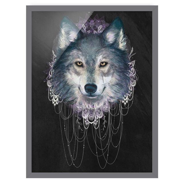 Picture With Frame - Illustration Wolf With Boho Dream Catcher Black - Portrait 4:31 Maturi Frame Option: Grey Framed, Size: 70cm H x 50cm W x 2cm D on Productcaster.