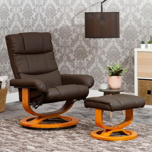 Faux Leather Swivel Recliner with Footstool Global Furniture Direct Upholstery Colour: Brown on Productcaster.