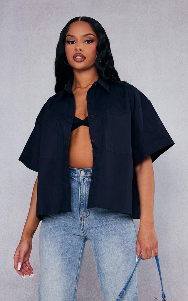 Ink Blue Cotton Pocket Mid Crop Boxy Shirt on Productcaster.