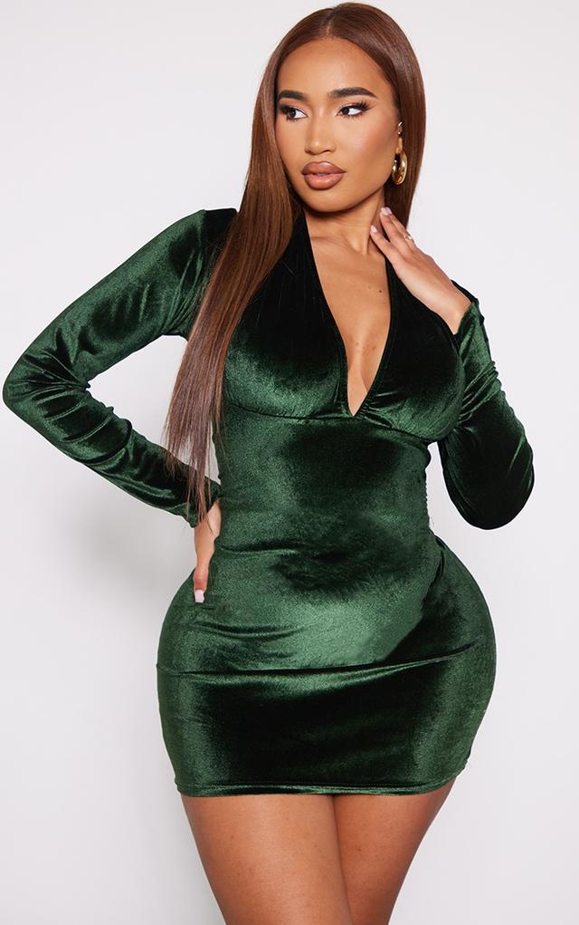 Shape Emerald Green Velvet Wrap Neck Long Sleeve Bodycon Dress on Productcaster.