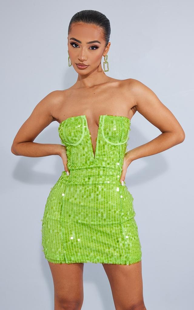 Petite Neon Lime Sequin Corset Detail Bodycon Mini Dress on Productcaster.