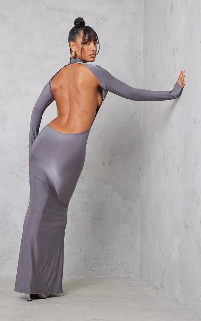 Charcoal Slinky High Neck Backless Maxi Dress on Productcaster.