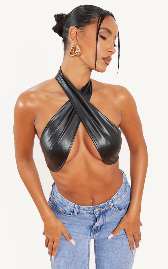 Black Faux Leather Cross Front Crop Top on Productcaster.