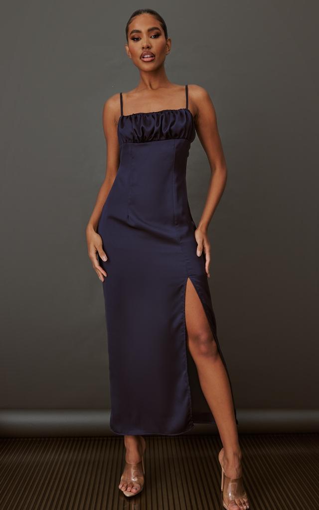 Navy Ruched Bust Split Satin Midi Slip Dress on Productcaster.