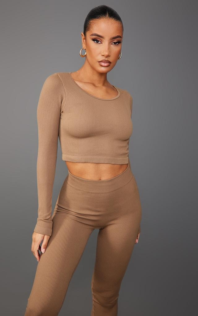 Toffee Structured Contour Ribbed Round Neck Long Sleeve Crop Top on Productcaster.