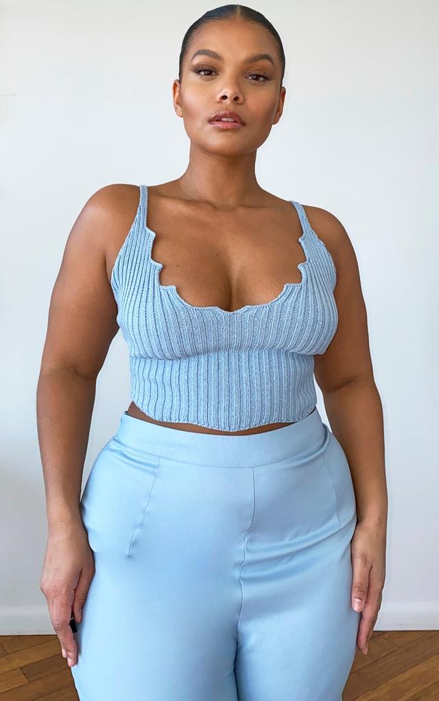 Plus Dusty Blue Knit Strappy Scallop Edge Crop Top on Productcaster.