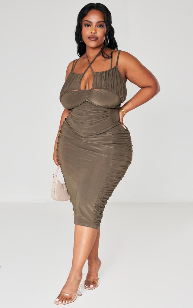 Plus Khaki Slinky Ruched Tie Neck Midi Dress on Productcaster.