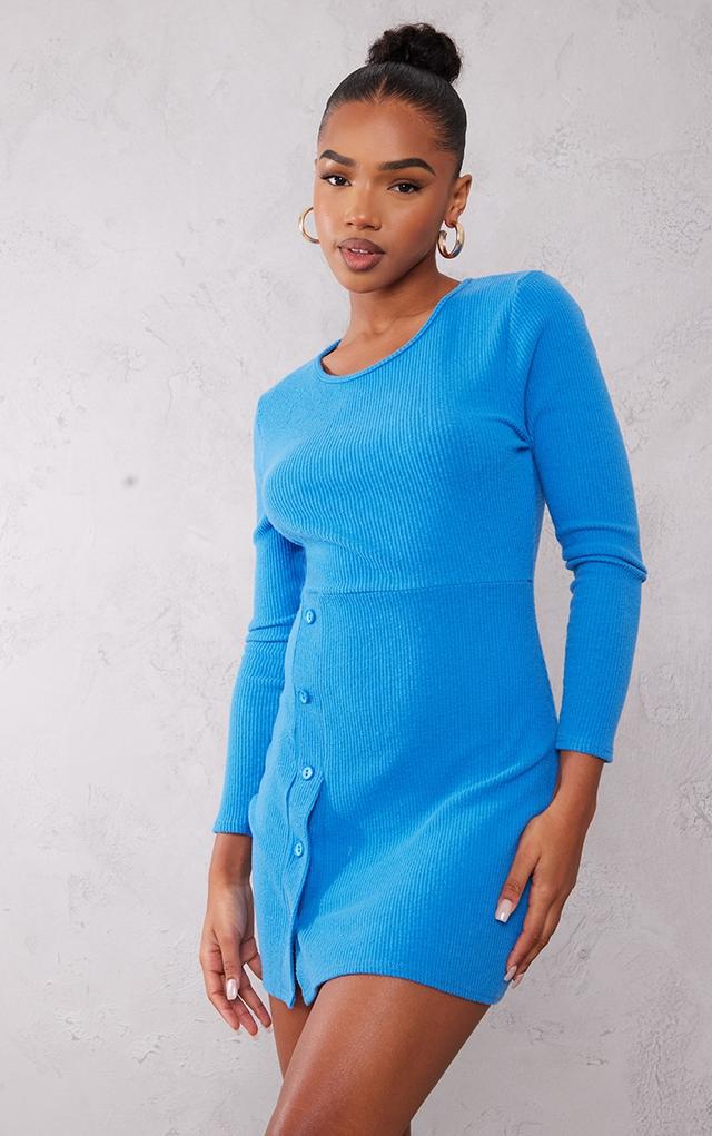 Bright Blue Brushed Rib Button Detail Bodycon Dress on Productcaster.