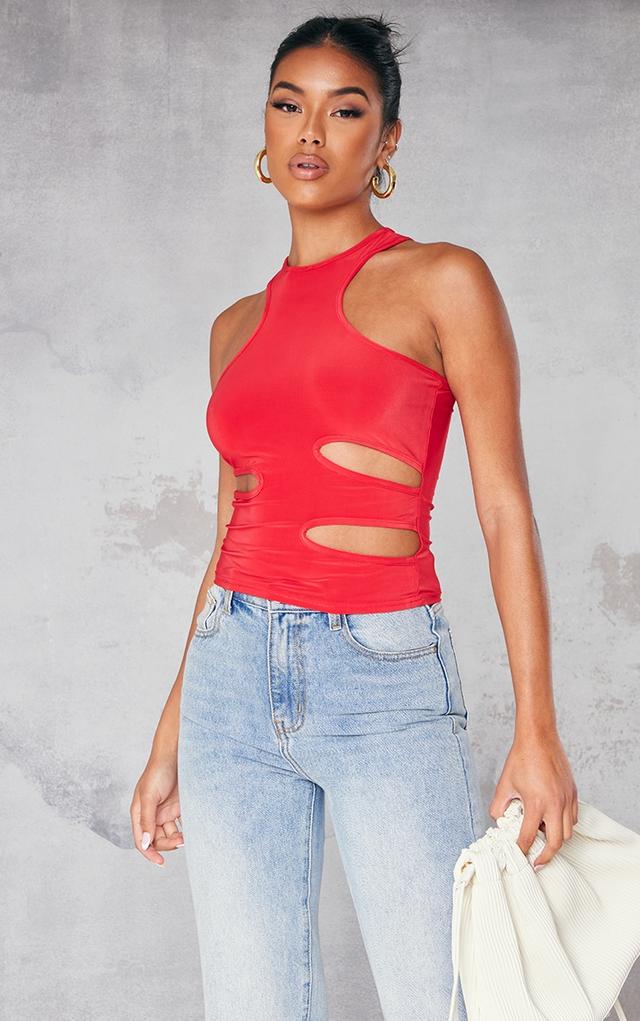 Red Slinky Cut Out Side Extreme Racer Crop Top on Productcaster.