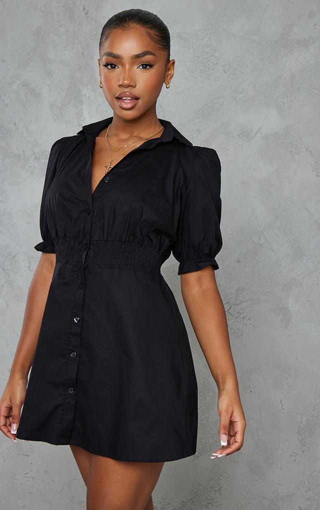 Black Woven Shirred Waist Puff Sleeve Shift Dress on Productcaster.