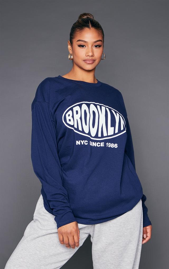 Navy Brooklyn Print Long Sleeve T Shirt on Productcaster.