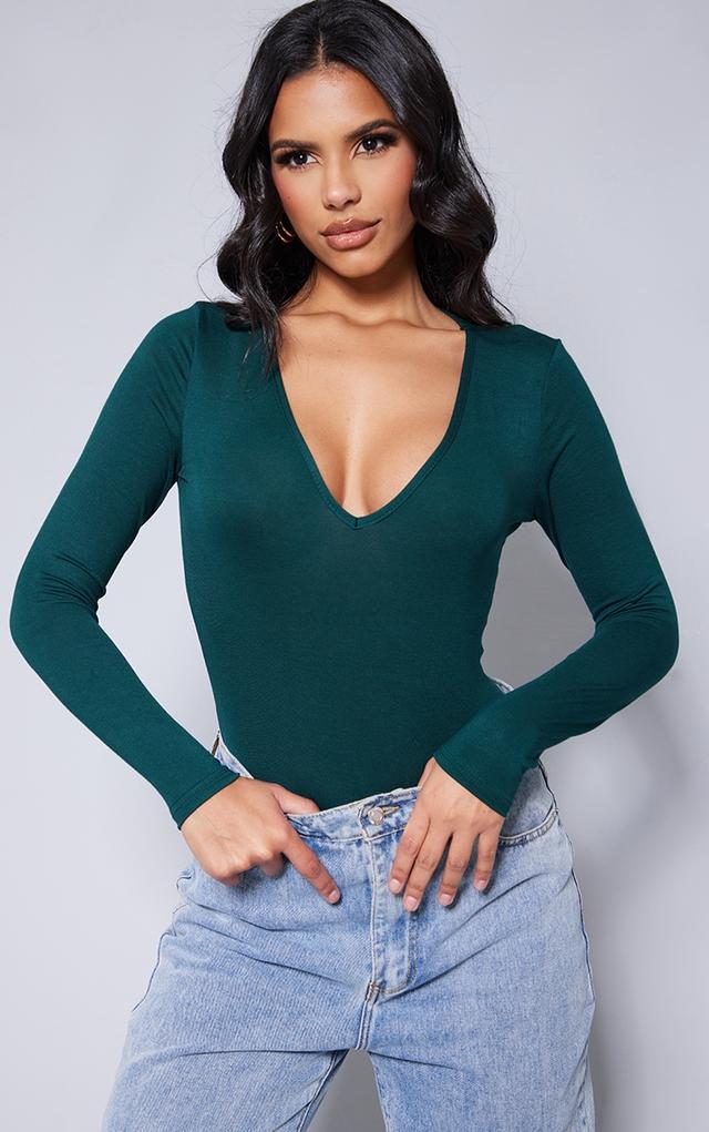 Sea Green V Neck Long Sleeve Jersey Bodysuit on Productcaster.