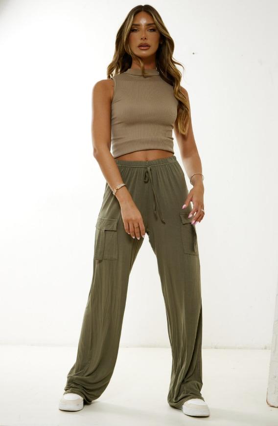 Khaki Jersey Cargo Pocket Wide Leg Trousers on Productcaster.