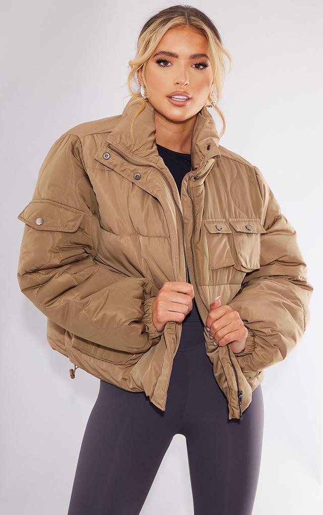 Khaki Nylon Contrast Quilting Padded Pocket Detail Puffer on Productcaster.