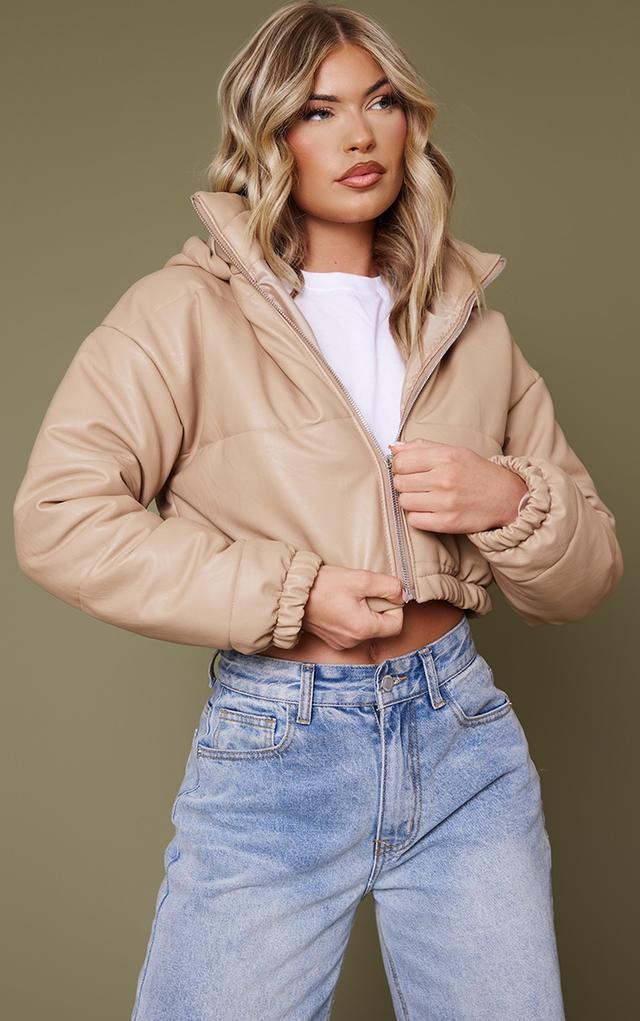 Beige Faux Leather Cropped Hooded Puffer on Productcaster.