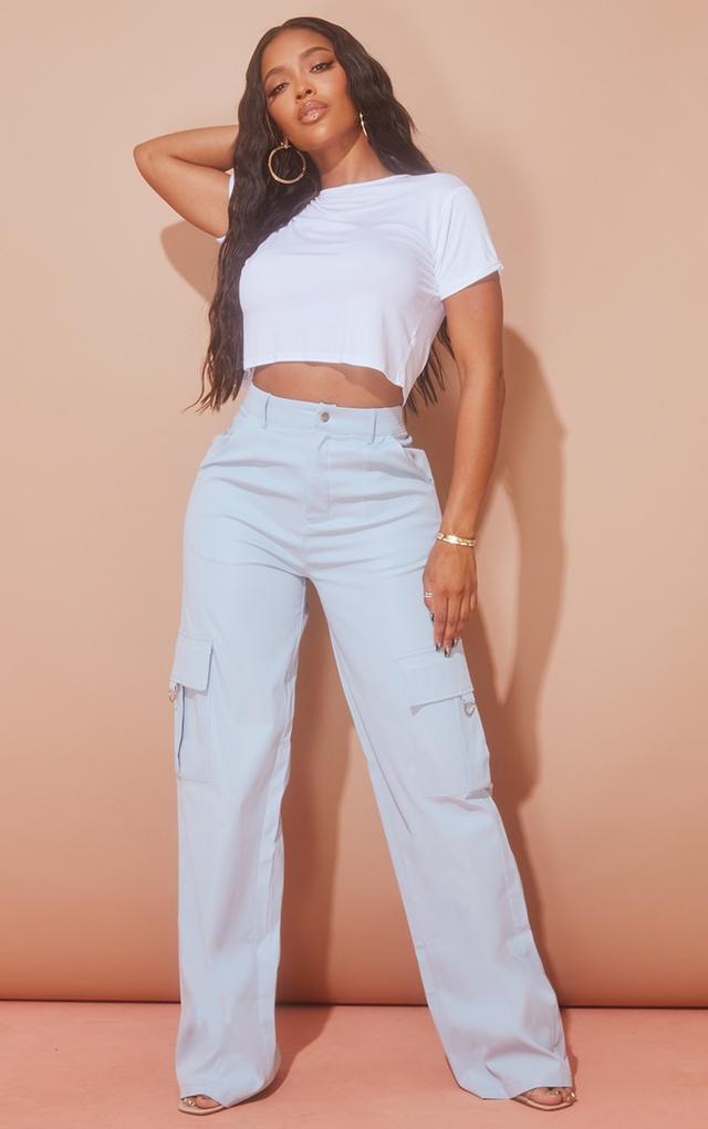 PRETTYLITTLETHING Shape Baby Blue Buckle Detail Cargo Wide Leg Trousers on Productcaster.