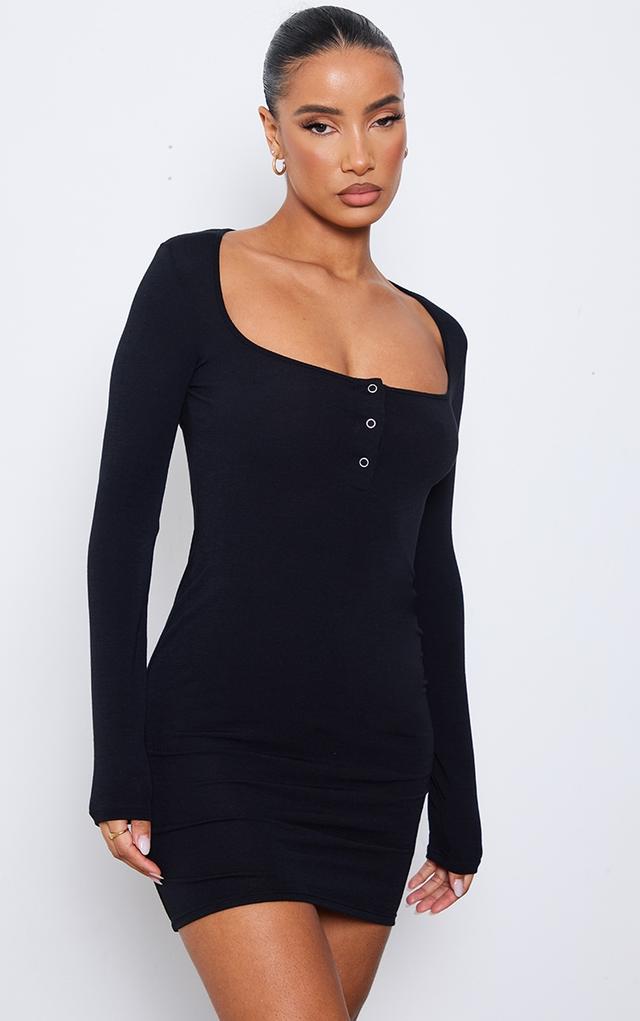 Black Contour Jersey Popper Long Sleeve Mini Bodycon Dress on Productcaster.