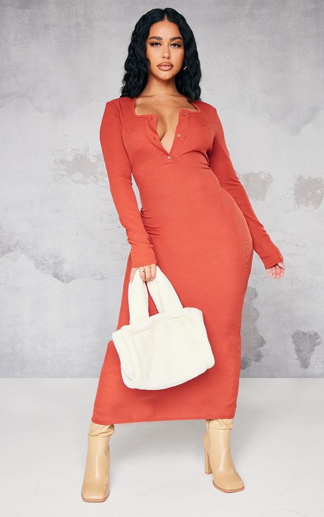 Shape Terracotta Shape Ribbed Button Front Long Sleeve Midaxi Dress on Productcaster.