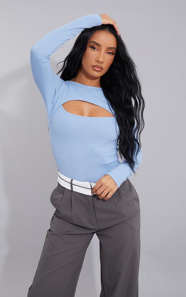 Pale Blue Rib Cut Out Neck Long Sleeve Bodysuit on Productcaster.