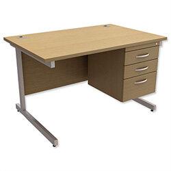 Rectangular Office Desk with Fixed Pedestal & Silver Legs, Urban Oak Ashford - 25 Year Warranty on Productcaster.