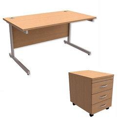 Office Desk Rectangular Silver Legs W1400mm With Mobile 3-Drawer Pedestal Beech Ashford on Productcaster.