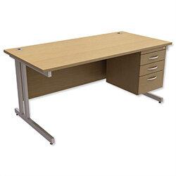 Trexus Contract Plus Cantilever Office Desk Rectangular 3-Drawer Pedestal Silver Legs W1600xD800xH725mm Oak on Productcaster.