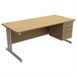 Trexus Contract Plus Cantilever Office Desk Rectangular 3-Drawer Pedestal Silver Legs W1800xD800xH725mm Oak on Productcaster.