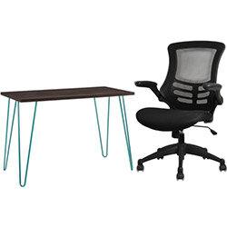 Owen Retro Home Office Desk - Espresso with Teal Frame & Executive High Back Mesh OP Office Chair - Stylish Design & Great Comfort on Productcaster.