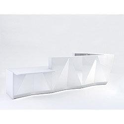 ALPA L Shaped Reception Desk with White Glass Front & Right Low Level Section W4335xD2767xH1100mm on Productcaster.