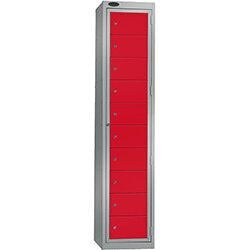 Probe Garment Dispenser Locker 10 Compartments Cam Lock ACTIVECOAT W380xD460xH1780mm Silver Body Red Door on Productcaster.