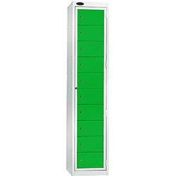 Probe Garment Dispenser Locker 10 Compartments Cam Lock ACTIVECOAT W380xD460xH1780mm Smoke White Body Green Door on Productcaster.