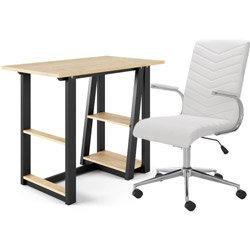 Home Office Bundle - Alphason Penzance Desk in Light Brown Top with Black Frame and White Leather Executive Office Chair with Chrome Base on Productcaster.