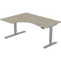 Height Adjustable Desk - Radial Left Hand Sit Stand Office Desk W1600xD1200/800xH620-1270mm Plain Arctic Oak Top Silver Frame - Leap on Productcaster.