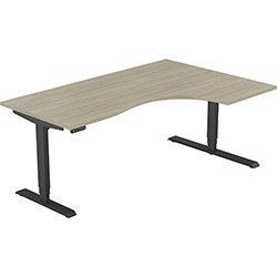 Height Adjustable Desk - Radial Right Hand Sit Stand Office Desk W1800xD1200/800xH620-1270mm Plain Arctic Oak Top Black Frame - Leap on Productcaster.