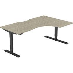 Height Adjustable Desk - Radial Right Hand Sit Stand Office Desk W1800xD1200/800xH620-1270mm Scallop Arctic Oak Top Black Frame - Leap on Productcaster.