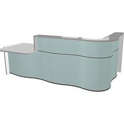 Wave Modern Design Curved Reception Desk White Counter Top with Left Low Level Section & Sky Blue Matte Front W2780xD1807xH1103mm on Productcaster.