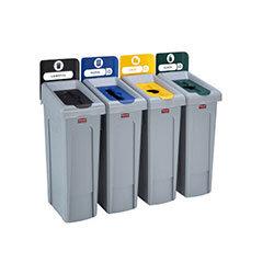 Rubbermaid Slim Jim Recycling Station Bundle 4 Stream - Landfill (black)/ Paper (blue)/ Plastic (yellow)/ Glass (green) - 2057609 on Productcaster.