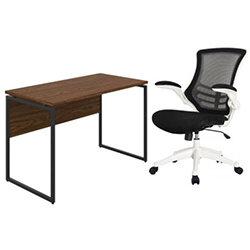 Soho Milton Home Office Desk W1200mm Walnut Desktop & Black Metal Frame & Executive High Back Mesh OP Office Chair White Frame on Productcaster.