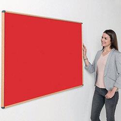 Shield Design Oak Wood Effect Frame Noticeboard 1200x1200 Scarlet Red on Productcaster.