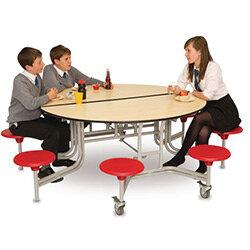 Round Mobile 8 Seater Folding Table Maple Top and Red Stools - Easy to fold, store and clean. on Productcaster.