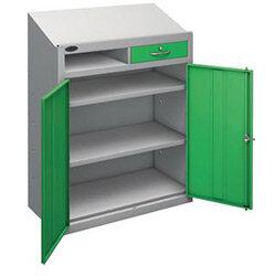 Industrial Workstation With Sloping Top Drawer & Cupboard With Green Doors H1190mmxW915mmxD on Productcaster.