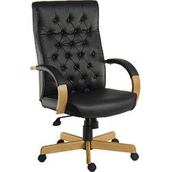 Warwick Traditional Office Chair Button Tufted Bonded Leather Backrest In Black With Light Wood Coloured Arms And Base on Productcaster.