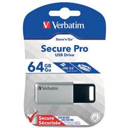 Verbatim Secure Pro USB 3.0 Flash Drive 64GB Silver/Black 98666 , HuntOffice.ie on Productcaster.